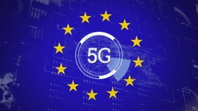 Animation of 5g text, financial data processing over flag of european union. European business, finances, computing and data processing concept digitally generated video. - Powered by Shutterstock - Get 15% off with code: PIKWIZARD15