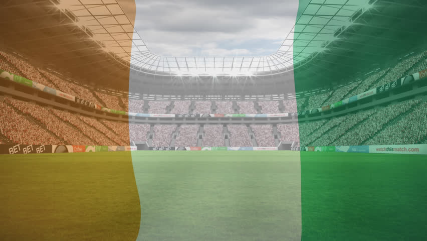 Animation of ivory coast flag against view of a sports stadium. Patriotism and sports competion concept Royalty-Free Stock Footage #1106617727
