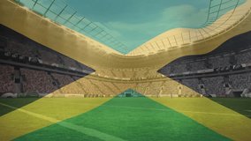 Animation of waving jamaica flag against view of a sports stadium. Patriotism and sports competion concept - Powered by Shutterstock - Get 15% off with code: PIKWIZARD15