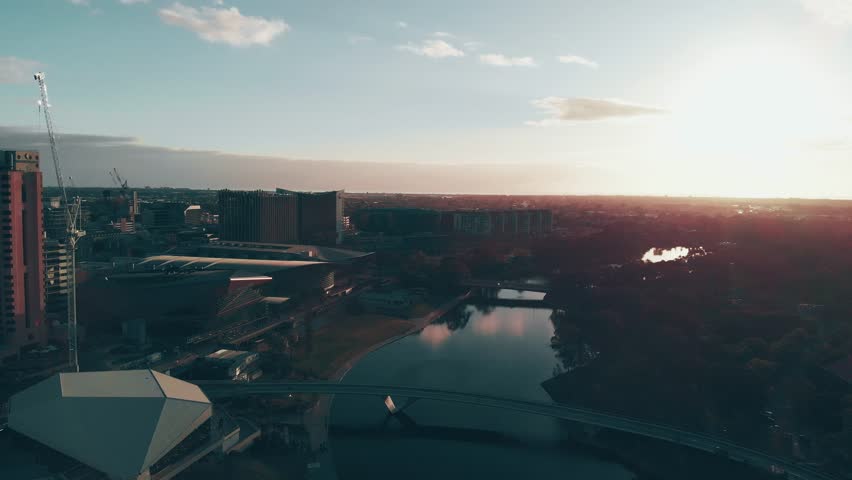 Panoramic sunset aerial view of Adelaide skyline, South Australia