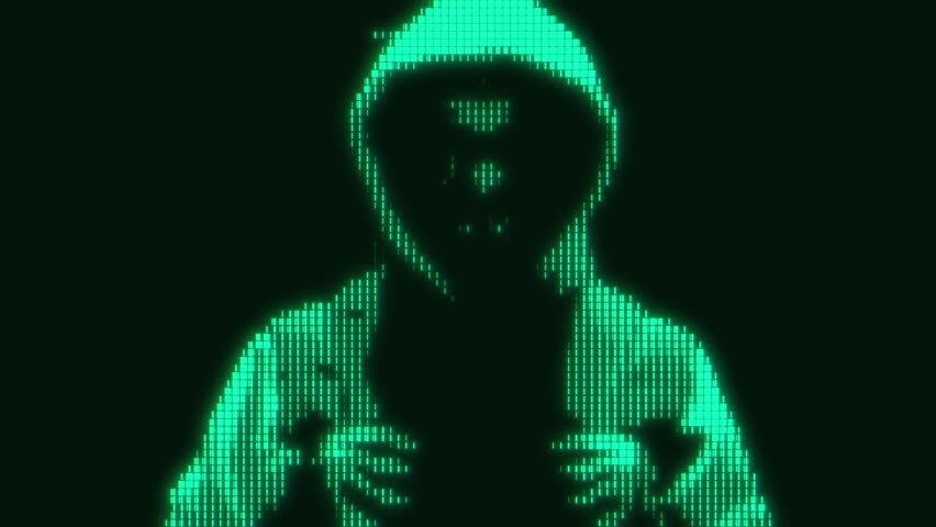 Computer hacker with hoodie and glitch face. Computer abstract digital code at the background. Darknet fraud and cryptocurrency bitcoin concept. Cybersecurity and data protection in social network Royalty-Free Stock Footage #1106625455