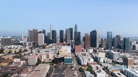 Establishing Aerial View Shot of Los Angeles LA CA, L.A. California US, Downtown LA, DTLA, LA Skyline, day, wonderfully sunny, track in push in, part 1