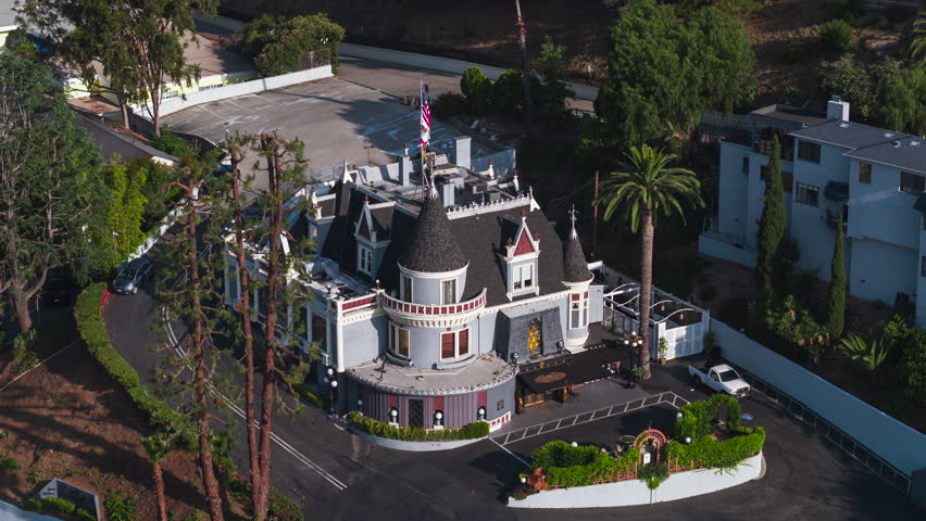 Aerial View Shot of Los Angeles LA CA, L.A. California US, The Magic Castle, Franklin Avenue