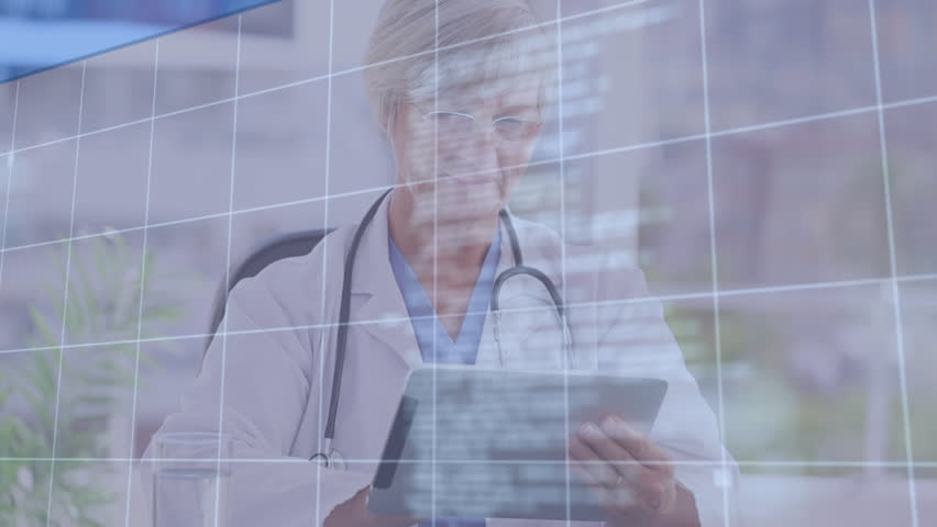 Animation of data processing over caucasian female doctor. Global medicine, healthcare, computing and data processing concept digitally generated video.
