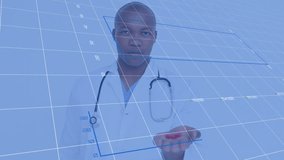 Animation of data processing over african american male doctor with tablets. Global medicine, healthcare, computing and data processing concept digitally generated video.