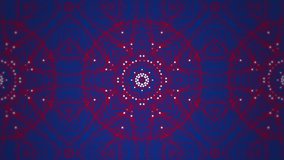 Animation of kaleidoscopic shapes moving on blue background. Shape, pattern, movement and repetition concept digitally generated video.