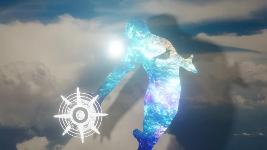 Person made of cosmos floats in the sky. A hummingbird flies around him. The person holds the sun. There are clouds in the sky