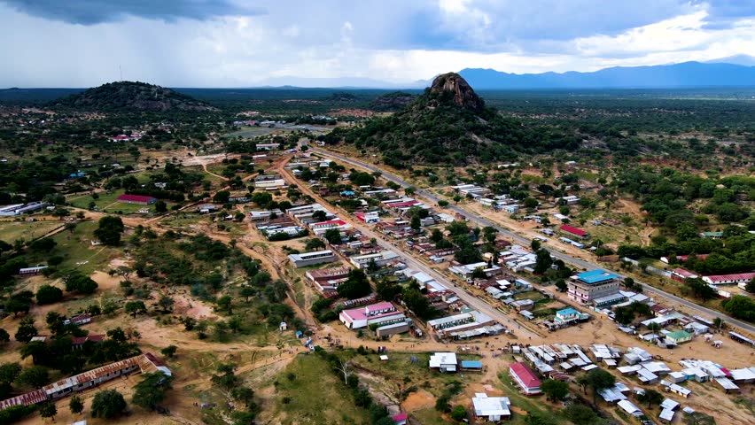 City scape-drone view. Drone view of the roofs of the small village of Africa town Loitokitok Kenya Africa. drone fly, Africa Kenya, Nairobi, Amboseli Kenya.