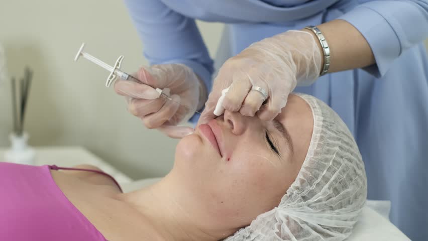 clip illustrates the biorevitalization process in a beauty clinic: a specialist injects hyaluronic acid into the patient's nasolabial folds to improve facial contour and reduce signs of aging Royalty-Free Stock Footage #1106629853