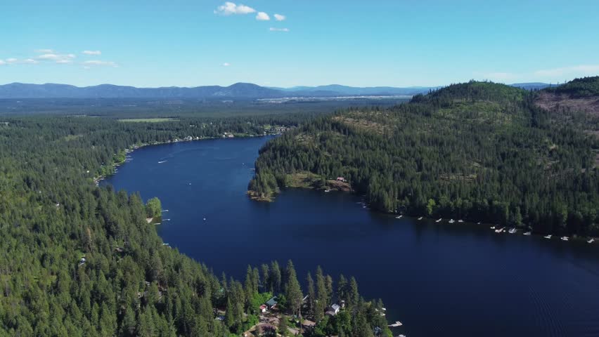 Twin Lakes Surrounded By Pine Forest Trees In Kootenai County, Idaho, United States. Aerial Drone Shot