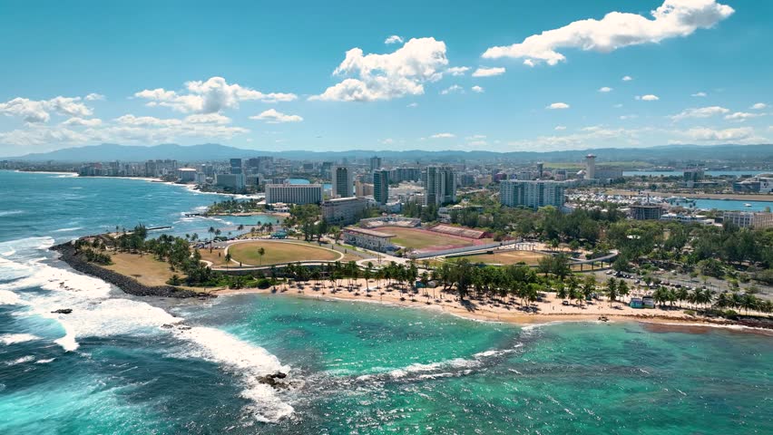 Old San Juan Puerto Rico Drone Shot of Castillo San Felipe del Morro, Escambron Beach (aerial view)