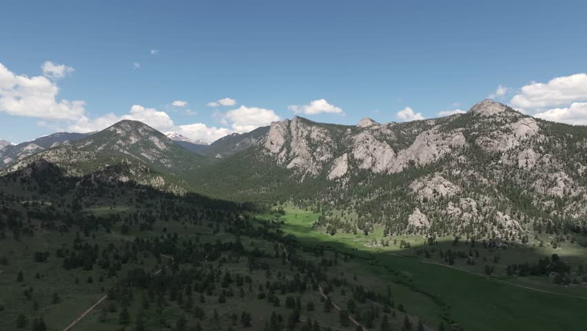 Aerial View of Rocky Mountains Landscape Near Estes Park on Summer Day, Countryside Roads Between Groves and Meadows