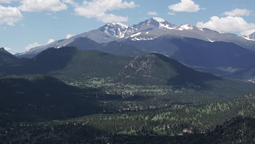 Aerial View of Rocky Mountains Colorado USA in Summer Season, Green Valley, Pine Forest and Snow Capped Peaks