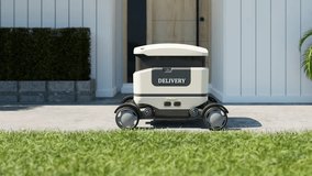 Food delivery robot is driving delivers to the front of the house quickly.3d rendering - Powered by Shutterstock - Get 15% off with code: PIKWIZARD15