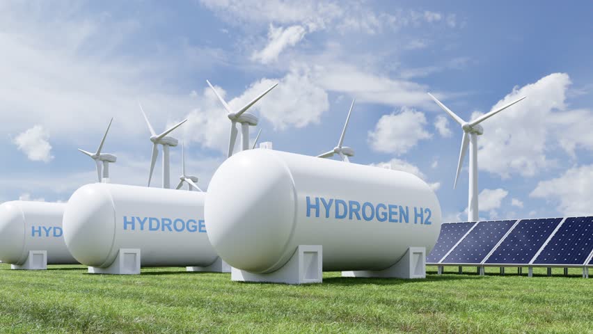 Hydrogen energy storage gas tank for clean electricity solar and wind turbine facility.3d rendering Royalty-Free Stock Footage #1106638331