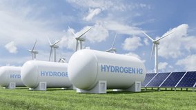 Hydrogen energy storage gas tank for clean electricity solar and wind turbine facility.3d rendering - Powered by Shutterstock - Get 15% off with code: PIKWIZARD15