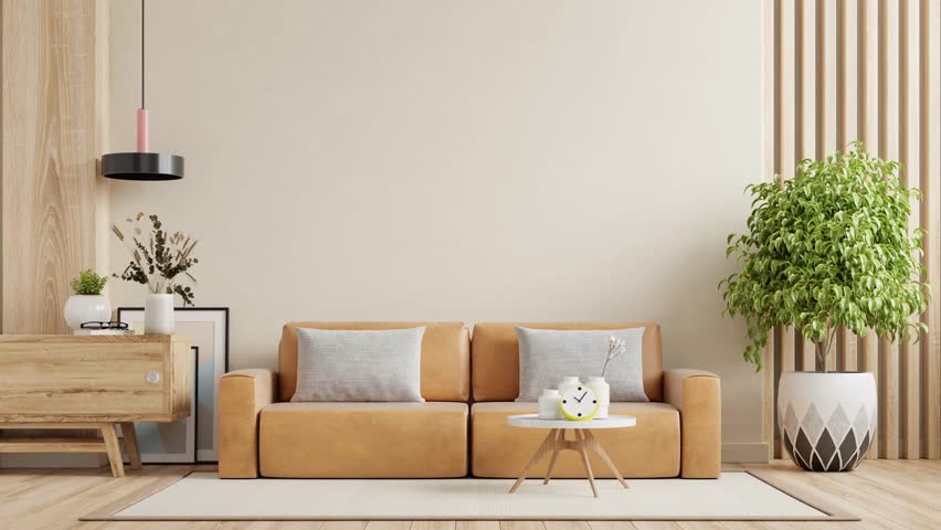 Interior living room wall mockup with leather sofa and decor on white background.3d rendering