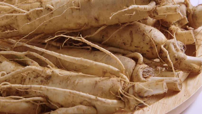 Close up shot of several Ginseng roots are rotating. Ginseng (Panax ginseng) is very popular and has the ability to treat health problems Royalty-Free Stock Footage #1106638755