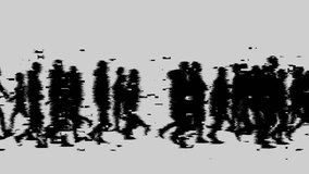 Glitchy image of silhouettes of people walking on a white background.