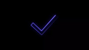 Abstract check mark symbol neon blue color Animation. Black background 4k video.
