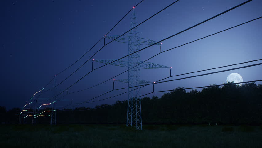 Visualization of fast moving energy travelling through power pole wires over night sky. Interconnected electrical grid network delivering electricity to households, 3d render animation Royalty-Free Stock Footage #1106643933