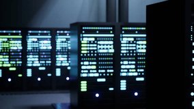 Dolly out shot of server room providing computing resources needed for AI to process massive datasets for training. High tech facility storing data used for deep learning, 3D render animation - Powered by Shutterstock - Get 15% off with code: PIKWIZARD15