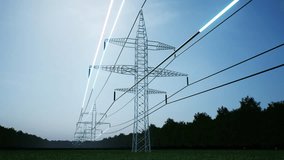 Panning shot of electrical grid delivering high voltage electricity, day-night cycle timelapse. Energy flowing through wires hanging on power tower pole, 3D render animation - Powered by Shutterstock - Get 15% off with code: PIKWIZARD15