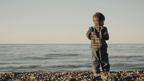 A purposeful boy of two years throws a stone into the sea. Rear view, slow motion video