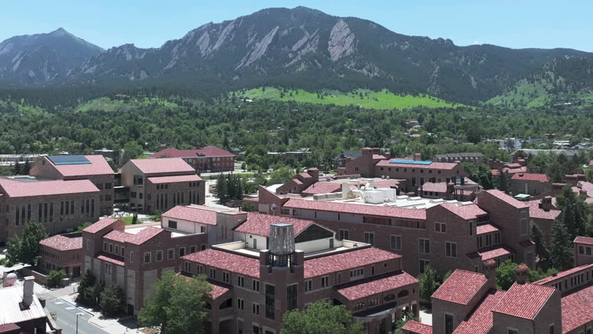 Aerial View of CU Boulder Campus, University Buildings on Hot Sunny Day, Colorado USA
