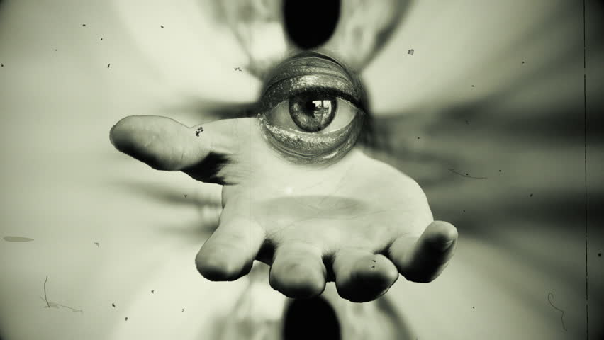 Human Palm Hand Eyeball Stare Weird Humanoid Eyes Tunnel Vintage Style. Weird eyeball on a human palm hand inside a tunnel of spooky eyes, retro style. Old film texture | Shutterstock HD Video #1106650025