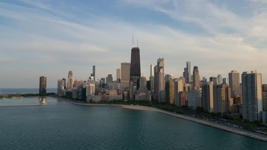 Chicago USA at Sunset, Aerial View of Cityscape Skyline and Central Towers From Michigan Lake, Drone Shot