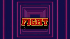 Animation of fight text banner over pink square shapes in seamless pattern on purple background. Video game interface technology concept - Powered by Shutterstock - Get 15% off with code: PIKWIZARD15