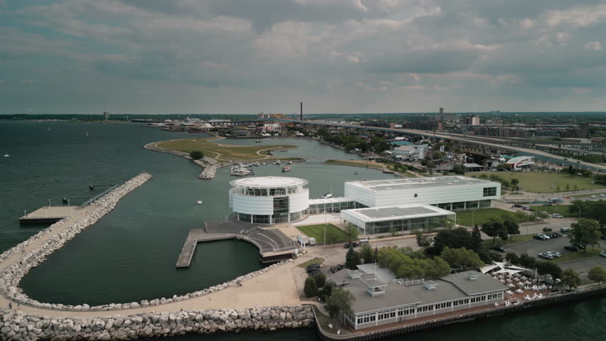 Aerial view bay of Milwaukee city, Michigan lake shoreline. Milwaukee, Wisconsin, USA