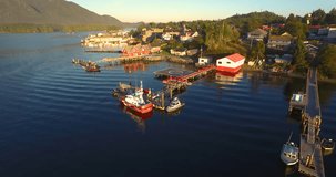 Flying Over Shoreline Docks At Sunrise on Vancouver Island