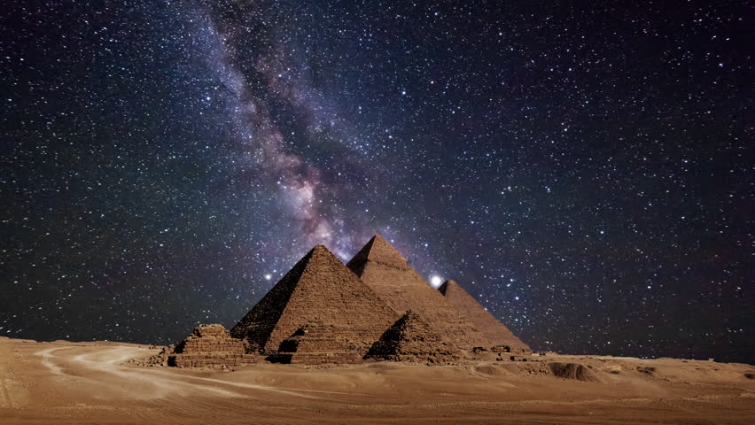 Timelapse of Pyramid complex of Giza at night. Giza, Cairo, Egypt