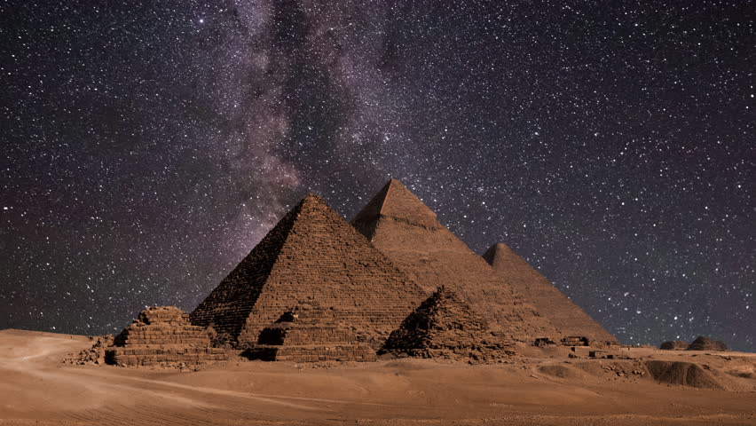 Timelapse of Pyramid complex of Giza at night. Giza, Cairo, Egypt
