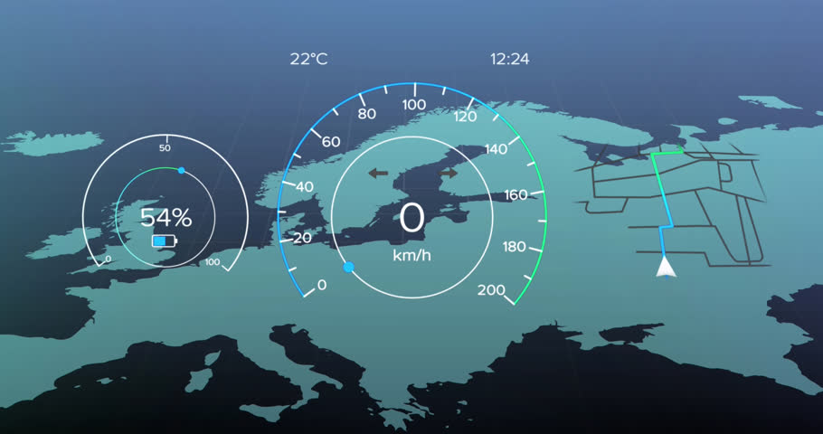 Animation of car gauge and data processing over map of europe. Global connections, digital interface, business, finances, computing and data processing concept digitally generated video.