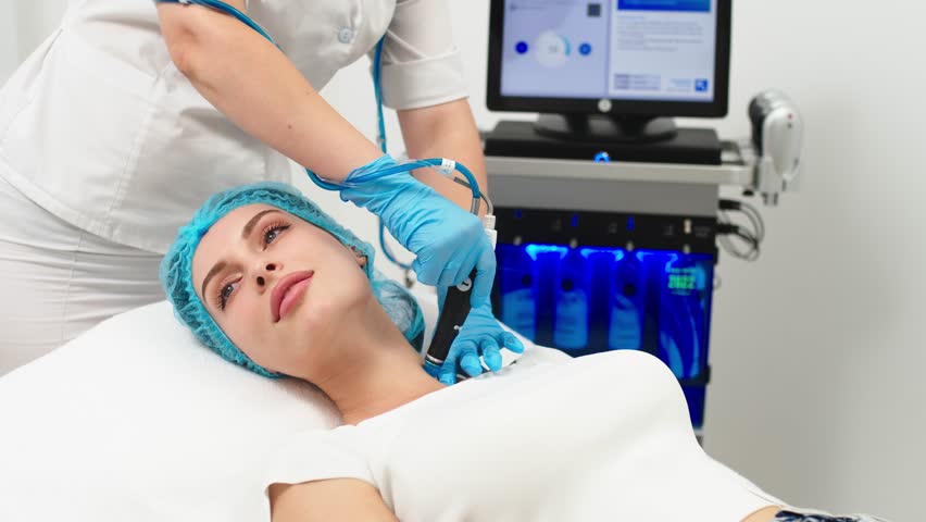 Perfect cleansing. Face of a beautiful pleasant woman being cleansed during hydrafacial procedure. Cosmetologist doing hydrafacial treatment on woman face in beauty clinic Royalty-Free Stock Footage #1106667795