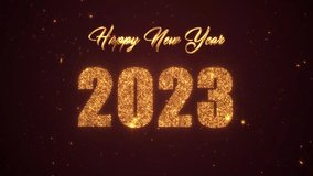 Happy New Year 2023 with glittering snowflake star field in red background and gold text