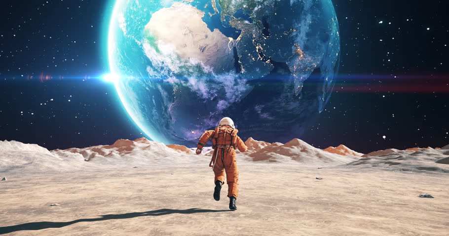 Young Male Astronaut In Space Suit Running On Alien Planet. Planet Mars Is Visible. Space Related Majestic Scene. Royalty-Free Stock Footage #1106676179