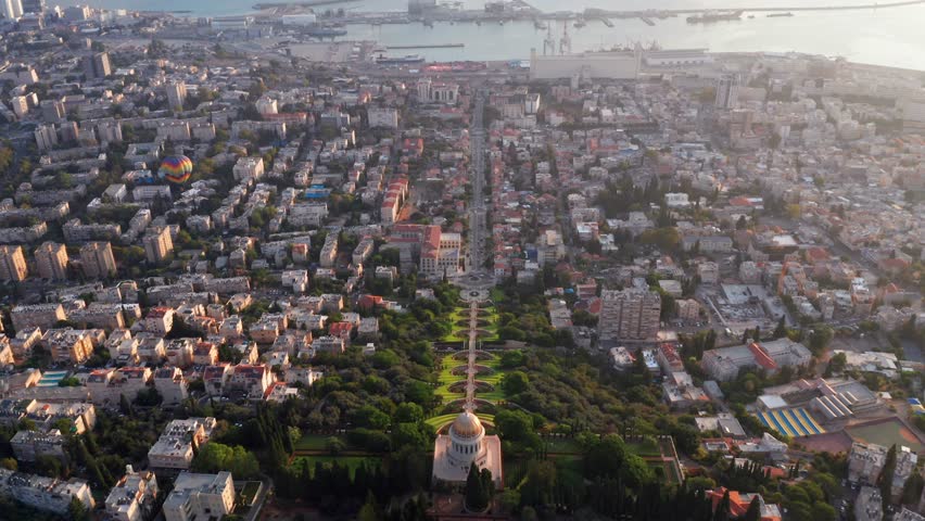 Bahai temple and gardens and Downtown Haifa at sunrise