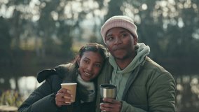 Camping, coffee and couple hug in conversation for bonding, quality time and relaxing in morning. Travel, nature and happy black man and woman with tea drinking on adventure, holiday and vacation - Powered by Shutterstock - Get 15% off with code: PIKWIZARD15
