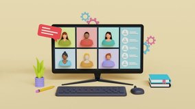 Online Meeting concept. Employees communicate via video link and discuss details of project. Tablet or computer monitor with chat. Remote work or freelance, 3d loop animation