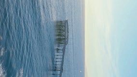 Aerial View Of The Famous Venice Pier in Los Angeles California. Aerial Of Venice Beach Fishing Pier, Marina del Rey, Los Angeles, California During Summer - drone shot. Aerial vertical video. 
