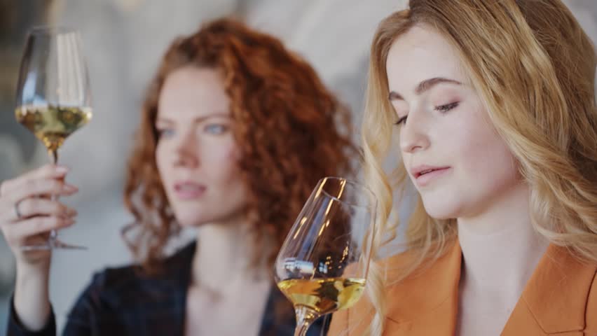 Beautiful women drinking tasting wine in restaurant. Wine expert holding glass of white wine. Slow motion video. Royalty-Free Stock Footage #1106696979