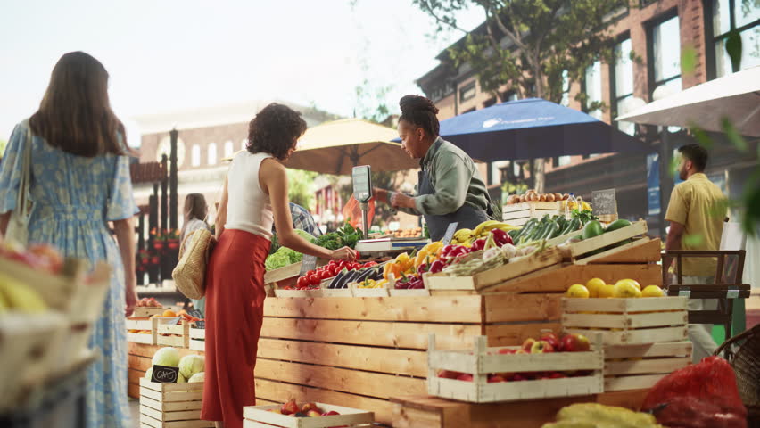 Cheerful Female Farmer Running a Small Business, Selling Sustainable Farm Fruits and Vegetables. Happy Middle Aged Woman Welcoming Shopper to Buy Natural Tomatoes and Cucumbers From a Farm