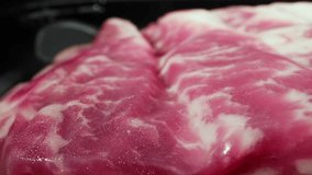 Indulge your senses in the world of frozen dry-aged beef. Witness its delicate marbling and rich colors through a captivating macro video shot with a probe lens. Frozen meat concept. Food background
