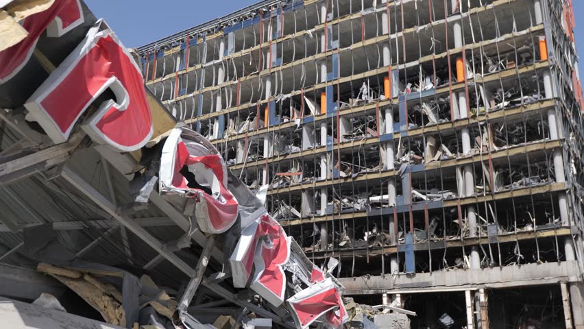 Kiev, Ukraine. The consequences of the shelling of Ukrainian cities. Destroyed mall. Retroville. Destroyed parking lot.