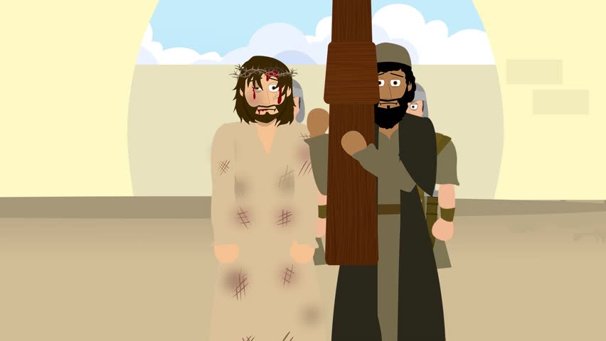 Cartoon Illustration of Simon Cyrene helping Jesus to carry the cross