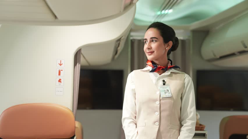 Beautiful and attractive asian flight attendant staff smiling. Passenger giving passport with boarding pass to air hostess woman at check-in desk in airport. Cabin crew or hostess occupation concept. Royalty-Free Stock Footage #1106707791